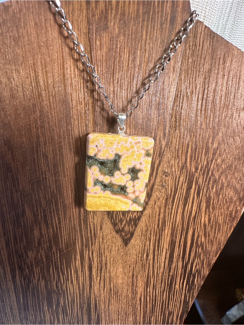 Yellow and Black Druzy Ocean Jasper Pendant Necklace on Stainless Steel Chain - Picture 14 of 16